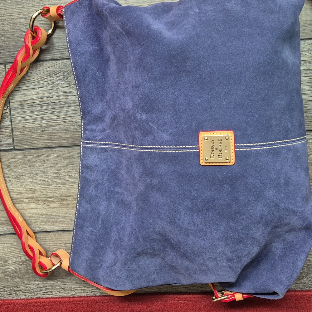 Dooney & Bourke Indigo Suede Tote with Red and Tan Accents